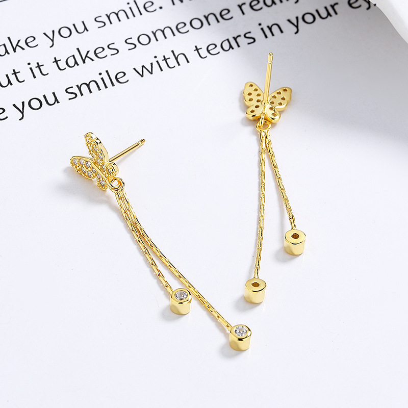 925 Sterling Silver Butterfly Long Fringe Stud Earrings for Women Unique Design Sweet Butterfly Ear Bone Stud Ins Graceful Ear Ornaments