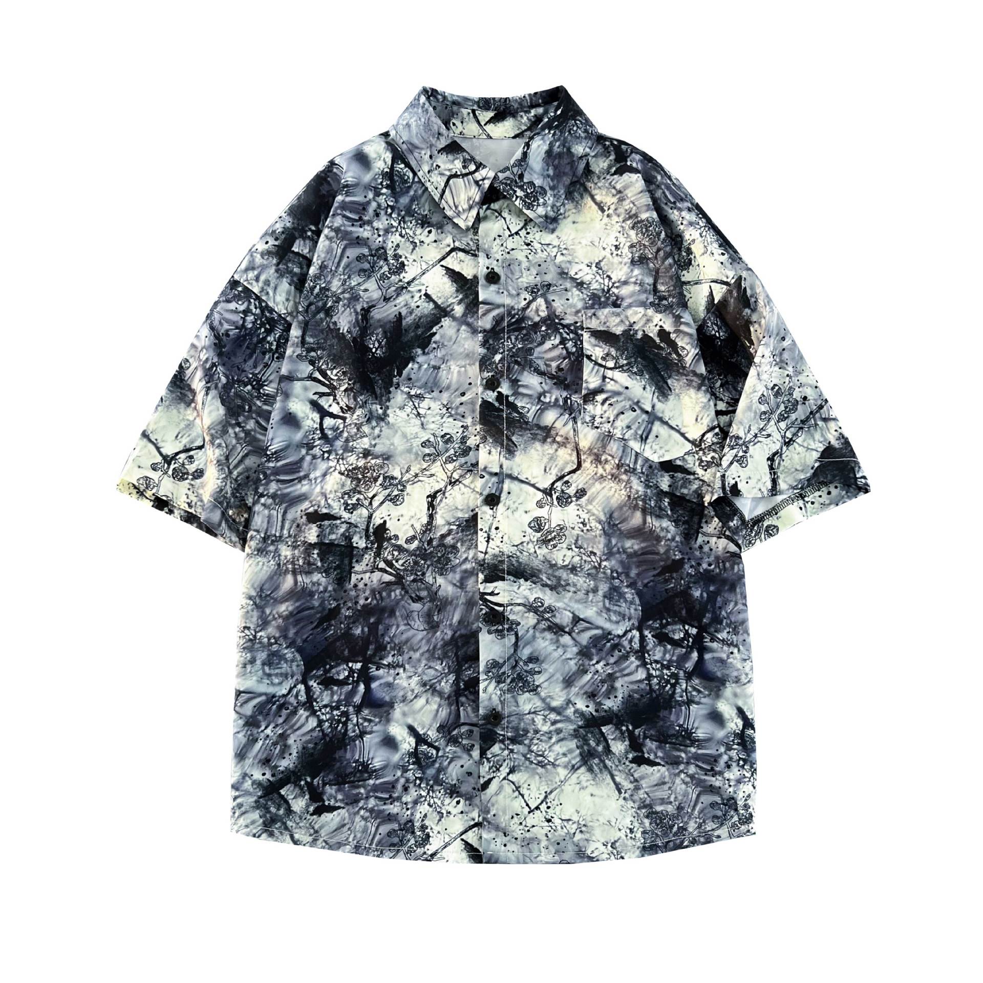 2024夏季新款男士扎染花衬衫水墨印花国风衬衫翻领宽松短袖衬衫男