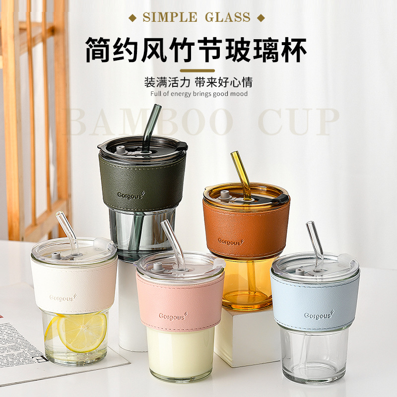 INS Style Bamboo Joint Cup Glass Water Cup Coffee Cup Household Straws Cup Large Capacity Double Drink Cup Couple Gift