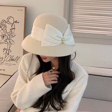 名媛珍珠绸缎纯羊毛礼帽复古优雅毛呢盆帽法式赫本帽女毡帽渔夫帽