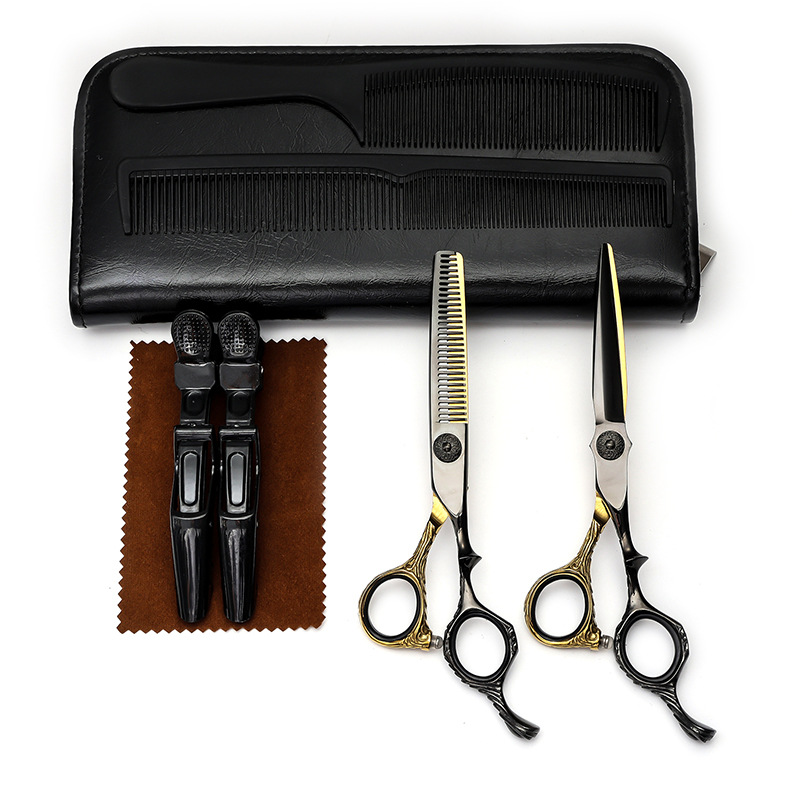 正品9cr18专业美发理发剪刀黑金平牙无痕打薄剪头 发型师专用套装