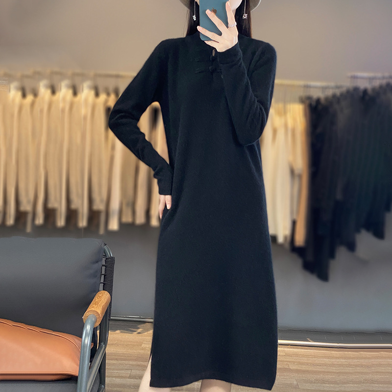 2023 Autumn and Winter New Stand Collar Solid Color Retro Buckle 100% Pure Wool Dress Women's Knitted Casual Straight Skirt