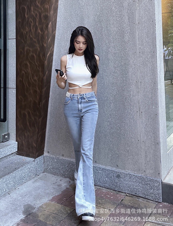 ann2021新款格纹拼接珍珠喇叭裤长裤修身显瘦牛仔裤女辣妹性感