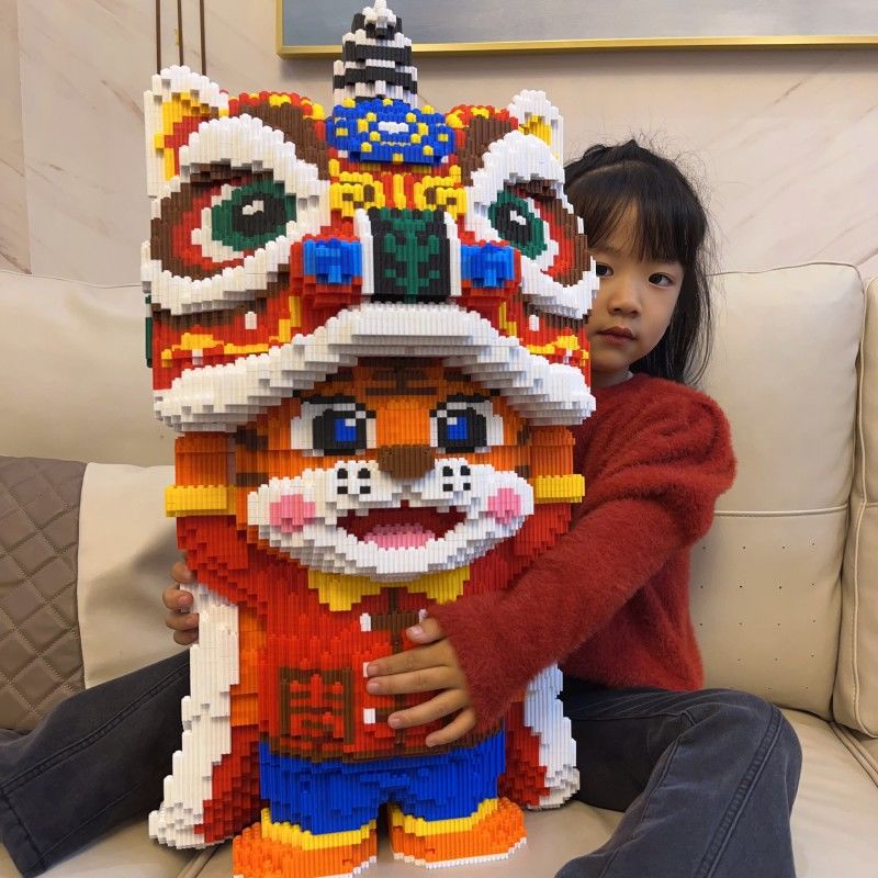 diy国潮醒狮拼图儿童益智玩具兼容乐高积木小颗粒拼装模型皮卡丘