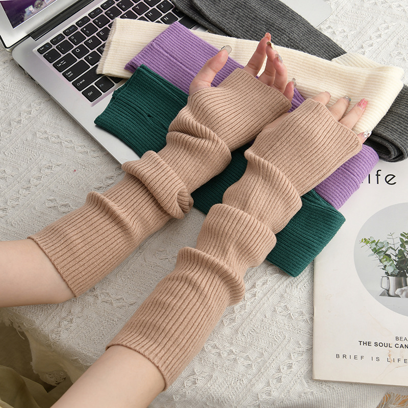 Korean Autumn and Winter New Half Finger Long Women's Arm Oversleeve Thermal Knitting Pile Style Sleeve Open Finger Dopamine Solid Color