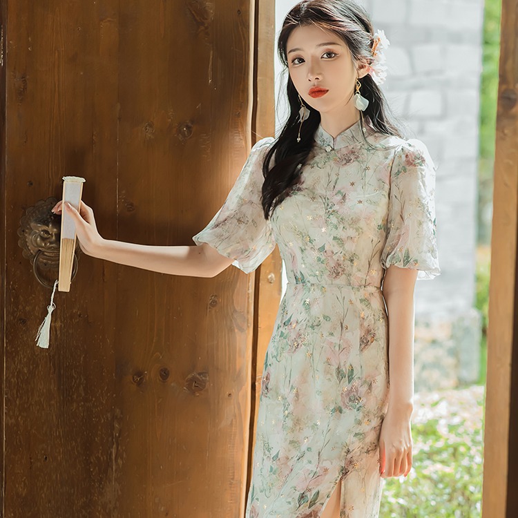 实拍梅香如故灯笼袖改良版旗袍连衣裙优雅珠扣旗袍中长裙夏季新款