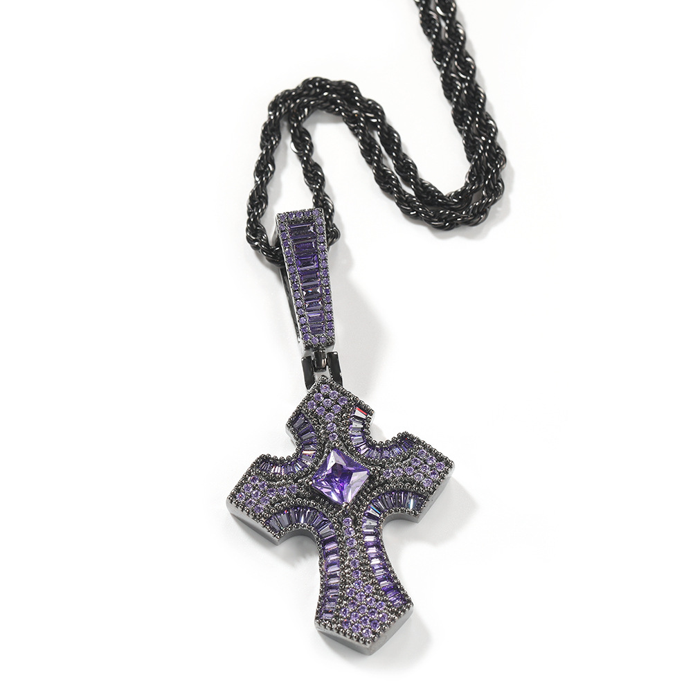 Hip Hop New Style Ladder Square Zircon Cross Pendant Personalized Hip Hop Trend Men's Necklace Cross-Border Sold Jewelry Wholesale