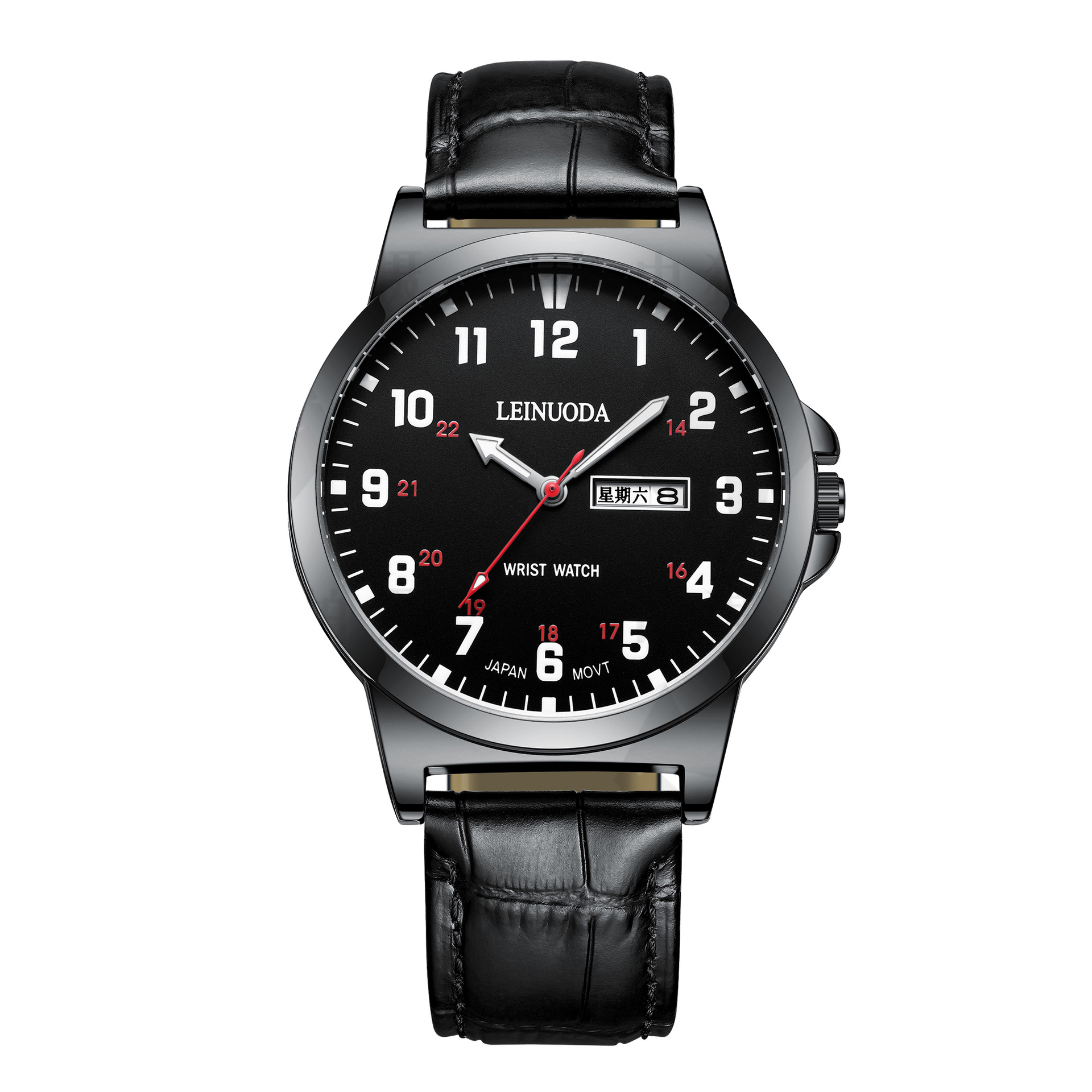 男士手表双日历防水简约男表牛皮带学生石英时尚潮流数字表盘