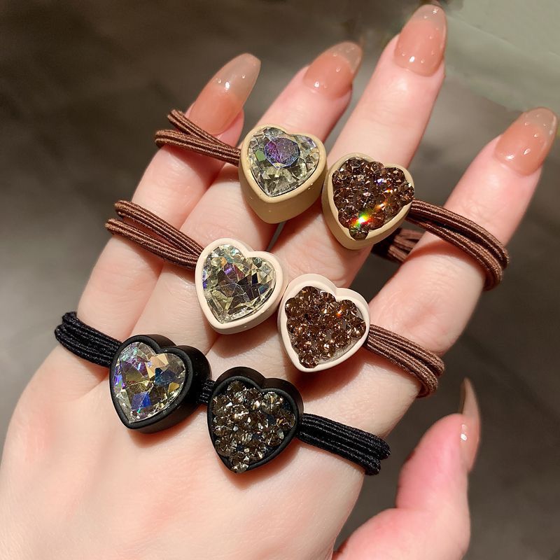 South Korea New Double Heart Shape Rhinestone Thin Hair Ties All-Matching Graceful Ponytail Hair Ring High Elasticity Does Not Hurt Hair Accessories