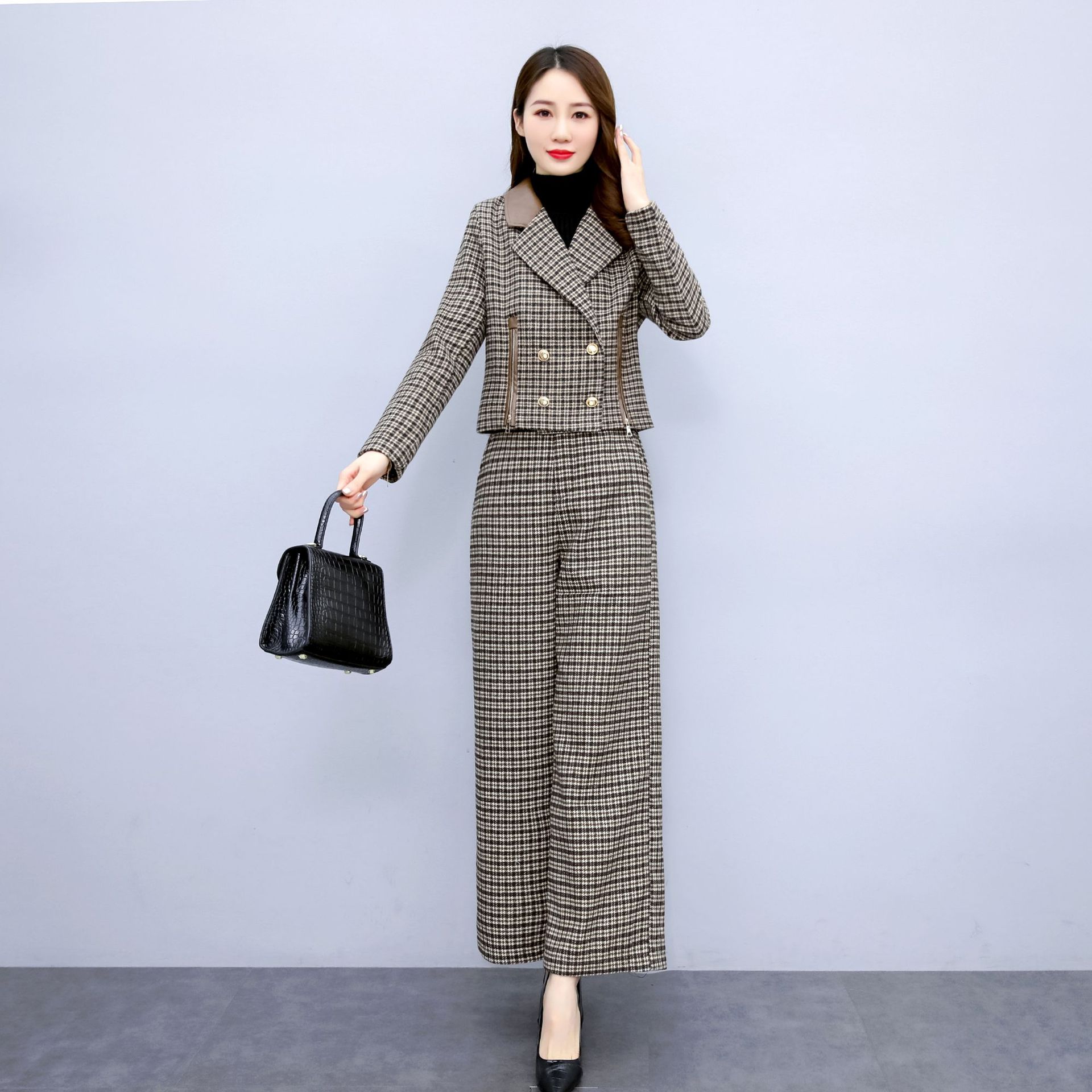 2022女新款秋冬两件套套装时尚格子上衣 阔腿裤外套知性气质套装