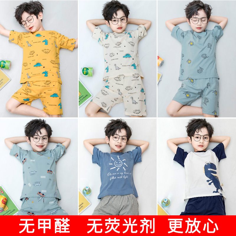 Children's Pajamas Boys Summer Pure Cotton Thin Cotton Silk Home Clothing Short Sleeve Boy Teen Air Conditioning Clothes Summer Set