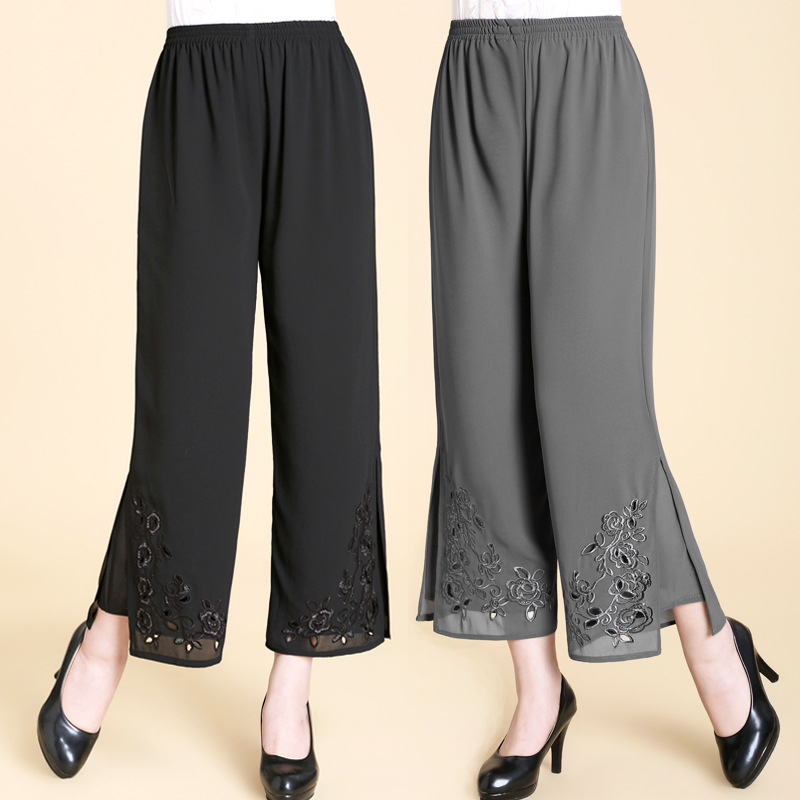 中老年人雪纺女裤中年女装夏装大码阔腿裤薄款妈妈装裤子九分长裤