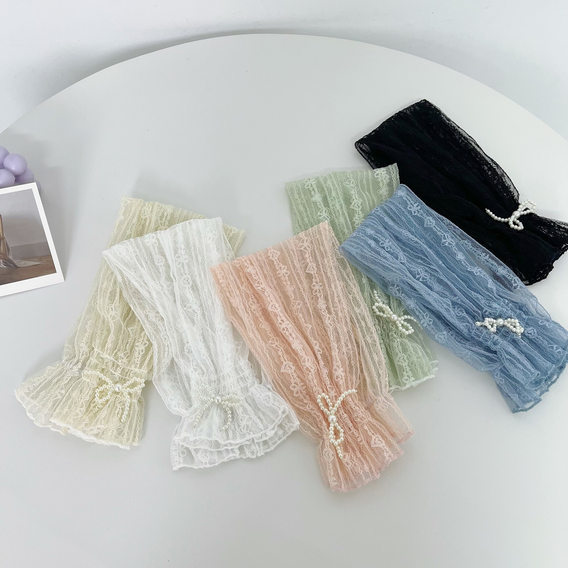 2023 New Lace Pearl Bow Sweet Sun Protection Oversleeve Women Lady Puff Sleeve Ultra-Thin Mesh Ice Sleeve