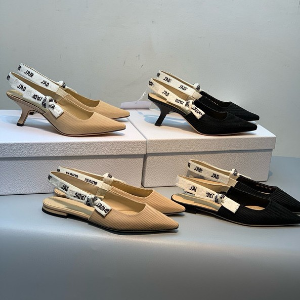 D家25新款 字母带蝴蝶结猫跟高跟鞋 针织条纹尖头 浅口后空凉鞋女