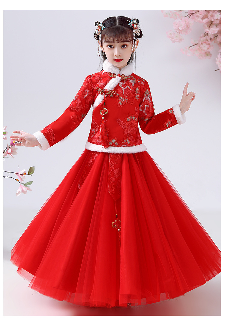 汉服女童中国风 2021新款拜年服春节过年喜庆红色加绒加厚两件套