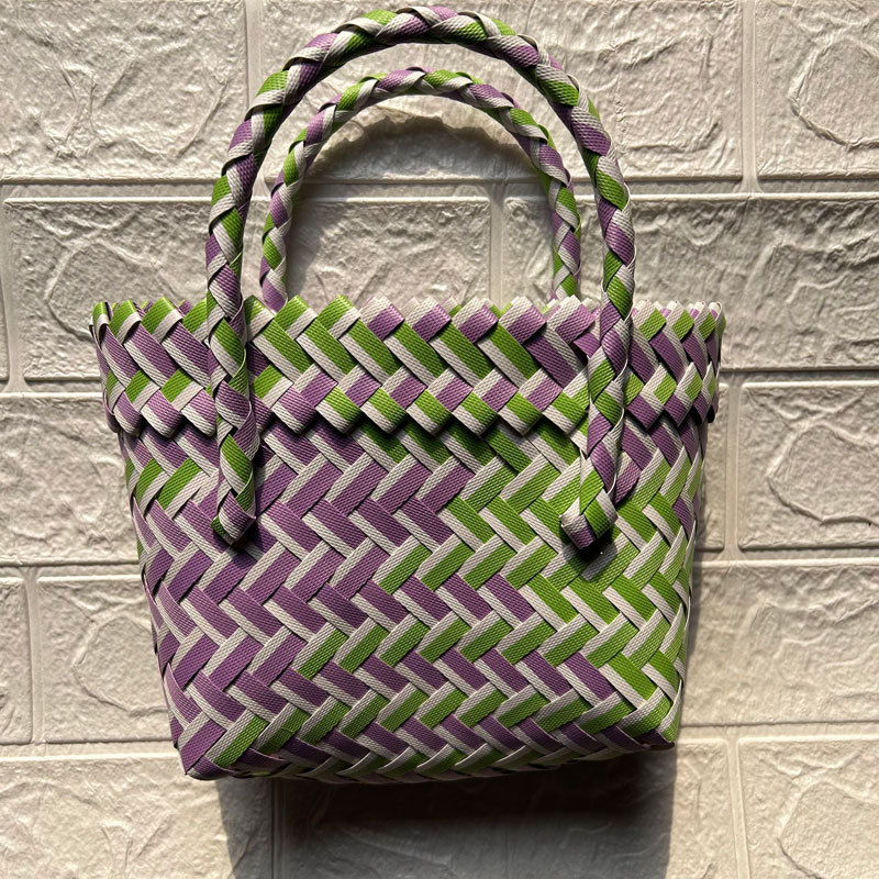 Fashionable Simple Woven Portable Belt Handle Basket Vegetable Basket Straw Bag New Ins Style Pastoral Shopping Basket