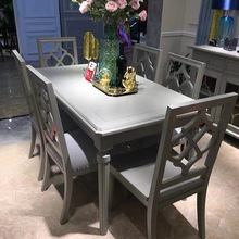 乐品居美式实木家用长方形饭桌现代简约灰色餐桌法式轻奢餐桌椅