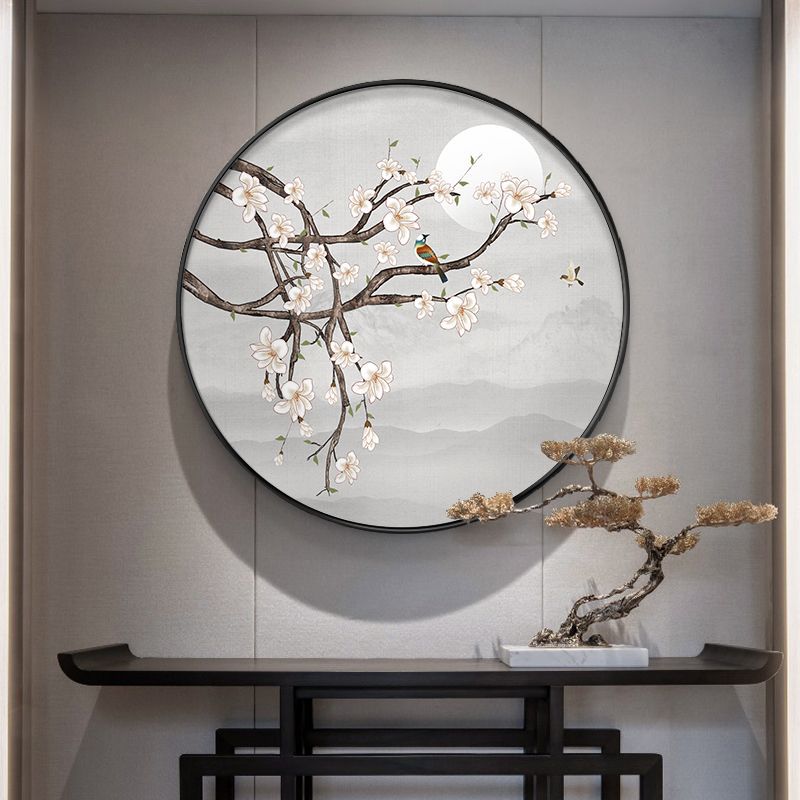 新中式圆形装饰画玄关客厅山水挂画书房茶室屏风壁画中国风水墨画