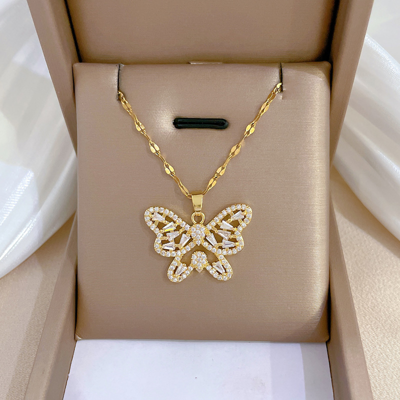 [Titanium Steel] Butterfly Heavy Industry Necklace Female Copper Micro Inlay Real Gold Electroplated Ins Internet Celebrity Exquisite Clavicle Chain Necklace