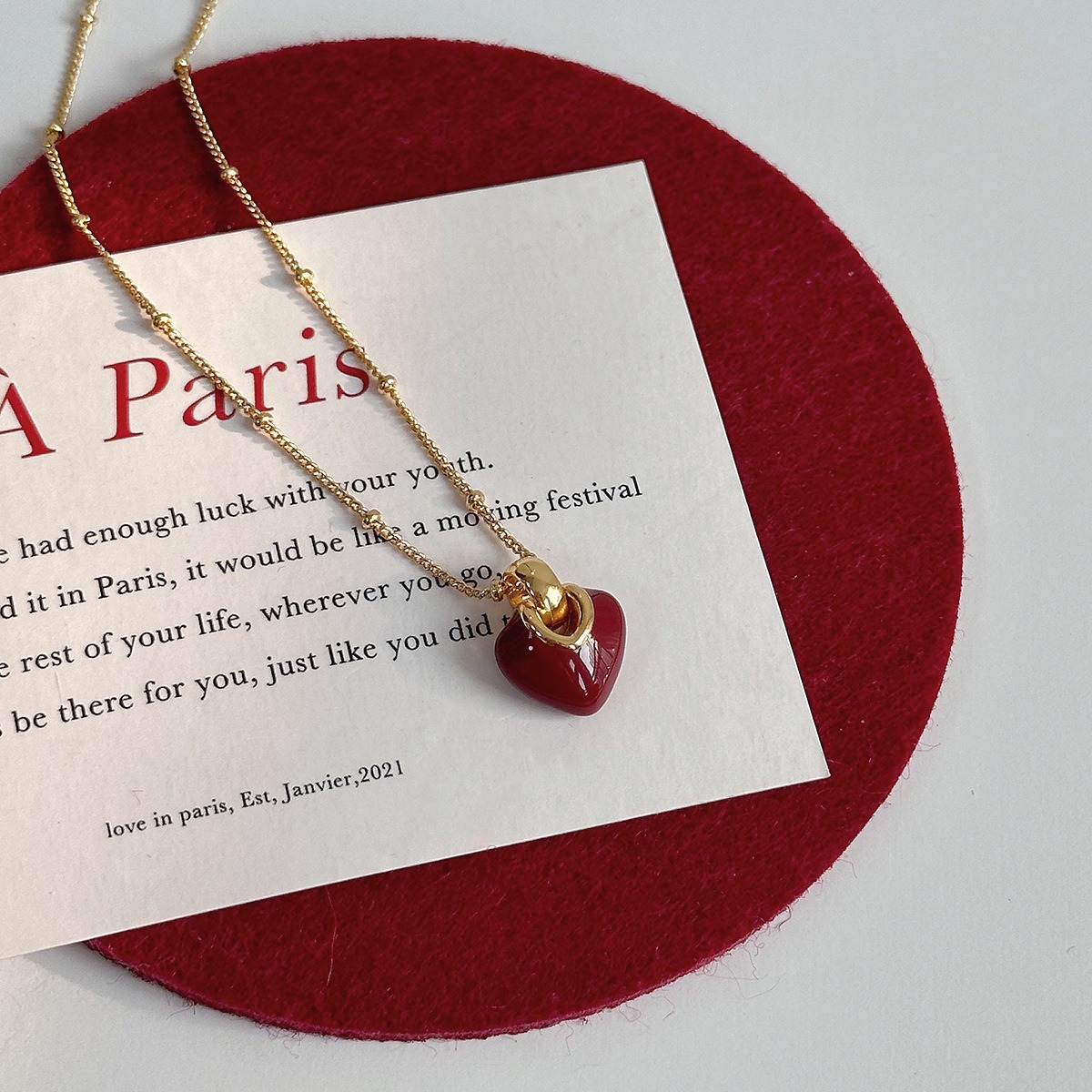 2024新款红色珐琅爱心项链复古秋冬毛衣链法式高级气质小众锁骨链