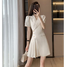 法式小香风白色连衣裙夏季女装裙子新款夏气质显瘦百褶西装裙女