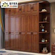 新中式胡桃色板式实木衣柜家用小户型现代简约衣橱大容量储物柜子
