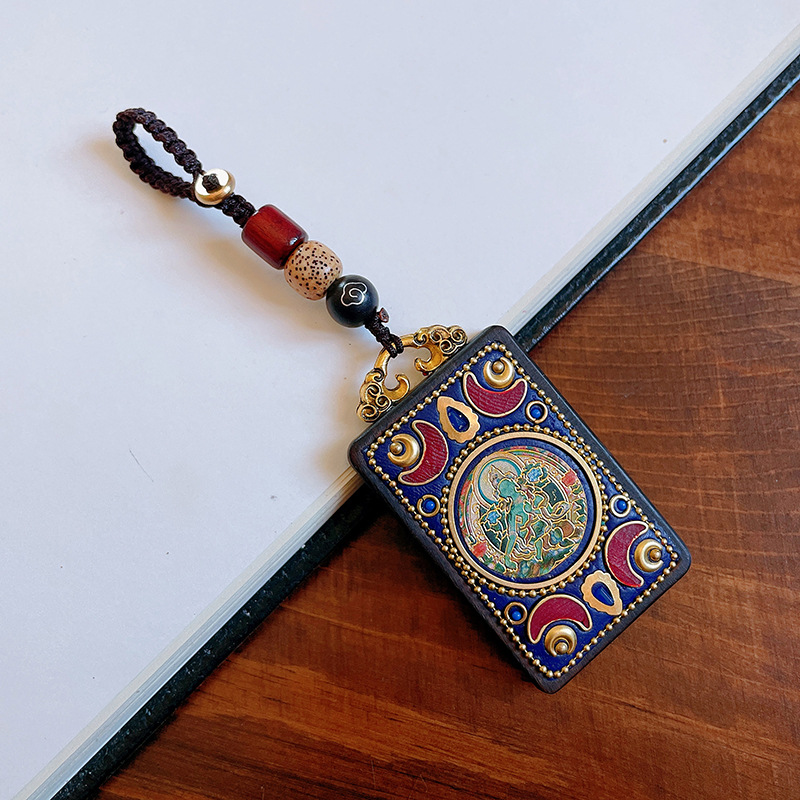 Vintage Nepal Tibet Thangka Handmade Blackwood Car Key Ring Ethnic Style Pendant High-End Gifts