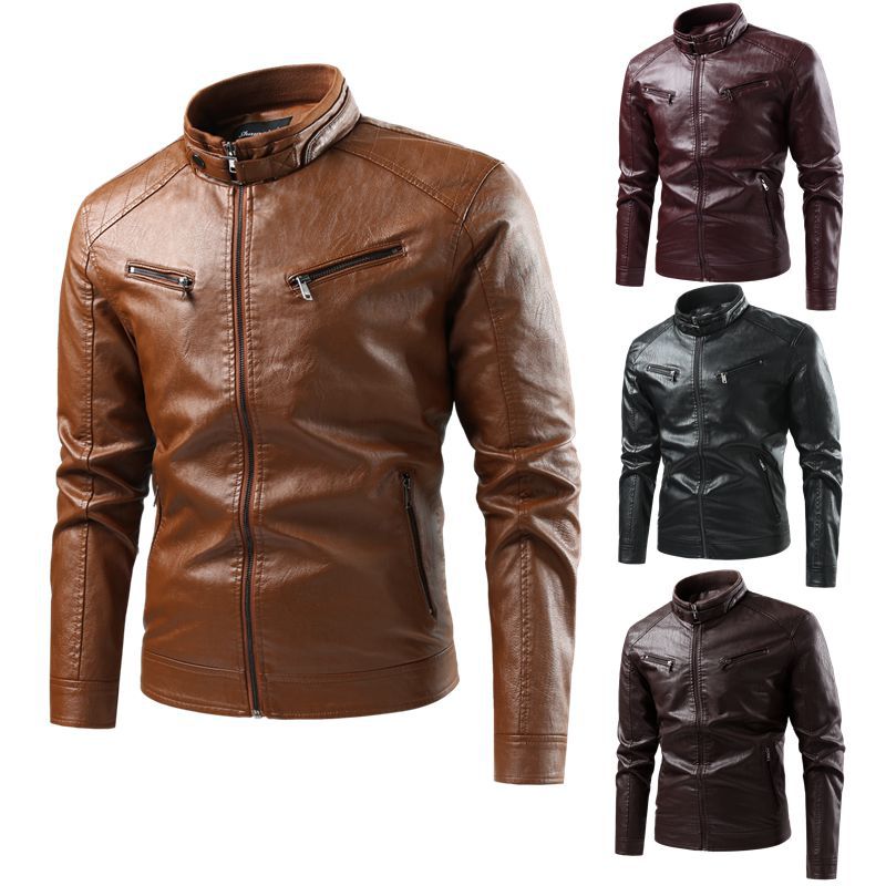 2024新品皮衣男秋冬季欧美跨境机车纯色二开骑行服pu皮夹克外套衣