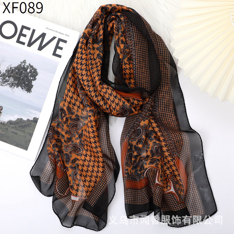 New Chiffon Silk Scarf Houndstooth Cashew Printed Scarf Spring and Summer Sunscreen Scarf Autumn and Winter Neck Protection Scarf Thin Silk Scarf