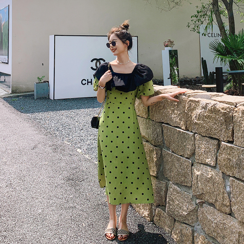 韩版新款现货夏装发布波点绿色连衣裙小众设计感撞色休闲时尚减龄