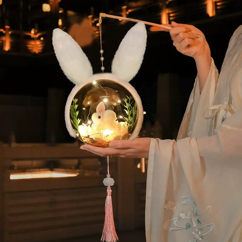 中秋灯笼儿童兔耳朵手提小DIY材料包古风宫灯元宵兔花灯led兔子
