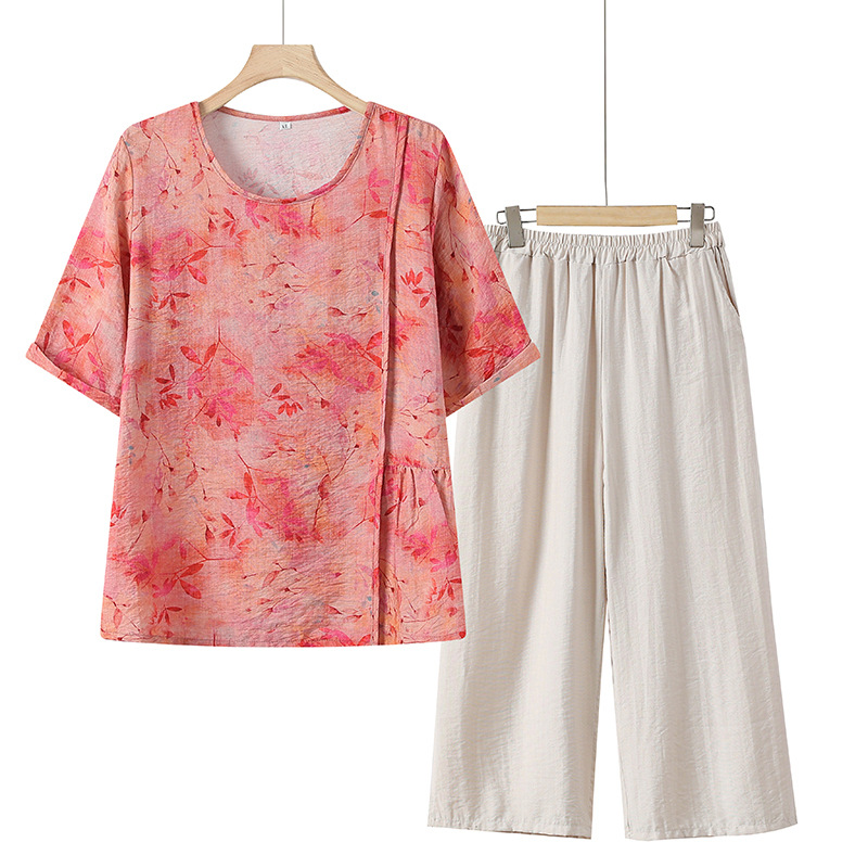 妈妈洋气棉麻上衣中年女装夏装短袖t恤2024新款中老年母亲节套装