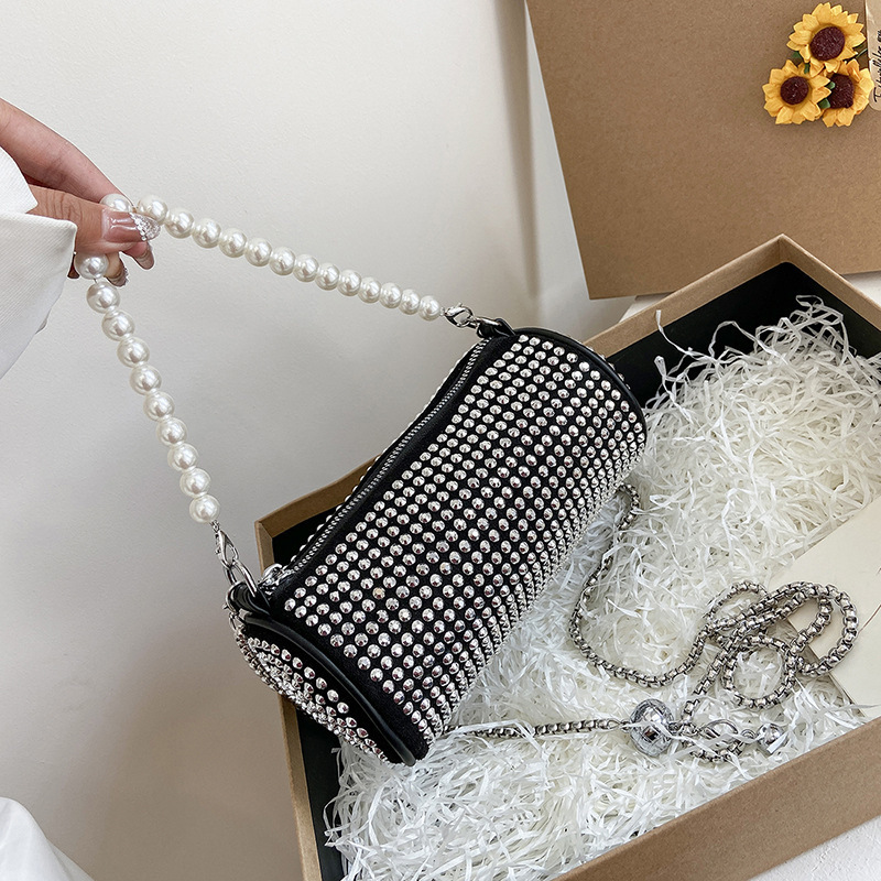 2022 Spring and Summer New Fashionable Stylish Shiny Rhinestone Underarm Women's Bag Pearl Chain Boston Portable Shoulder Bag