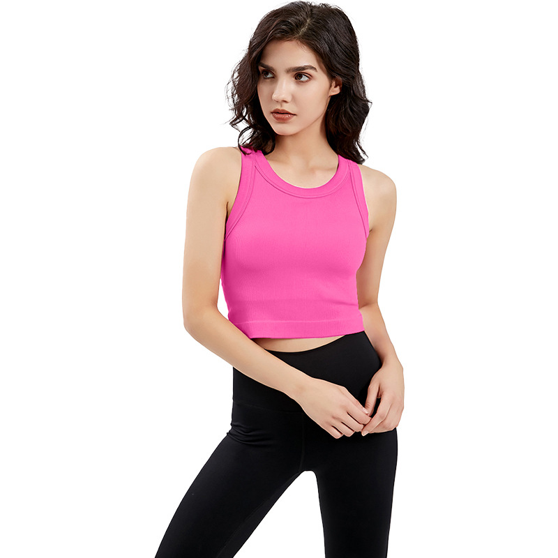 2023 Autumn New Women's Sports Vest with Chest Pad Thread Running Fitness Shockproof round Neck Breathable Yoga Vest