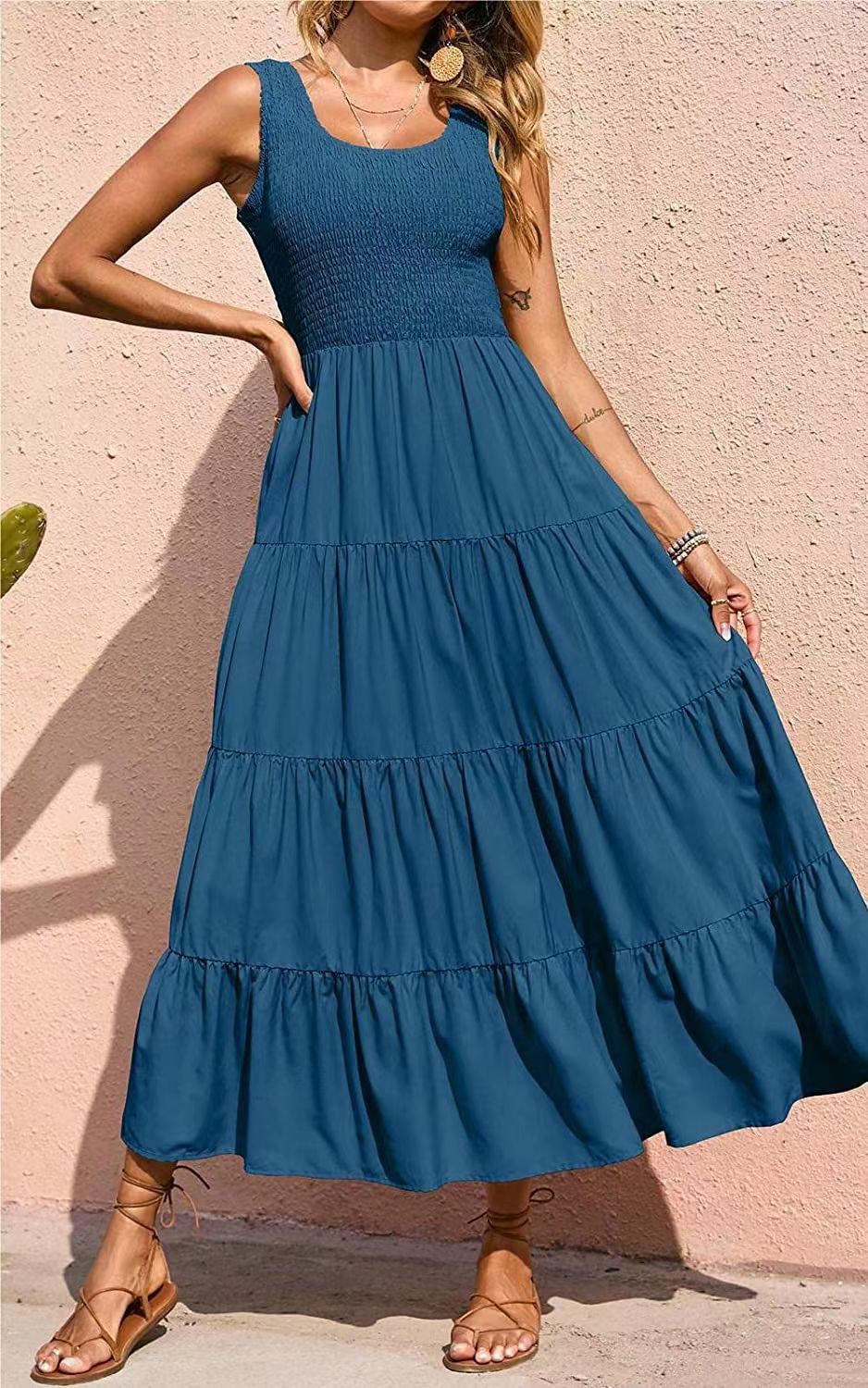 Amazon European and American Women's Clothing Long Dress Ins Popular Cross-Border Sleeveless Sling Pleating Large Swing Dress