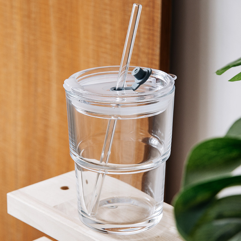 Glass Cup Japanese and Korean Ins Style Glass Straw Cup Juice Cup Breakfast Milk Cup Girly Heart Water Cup Student Cup
