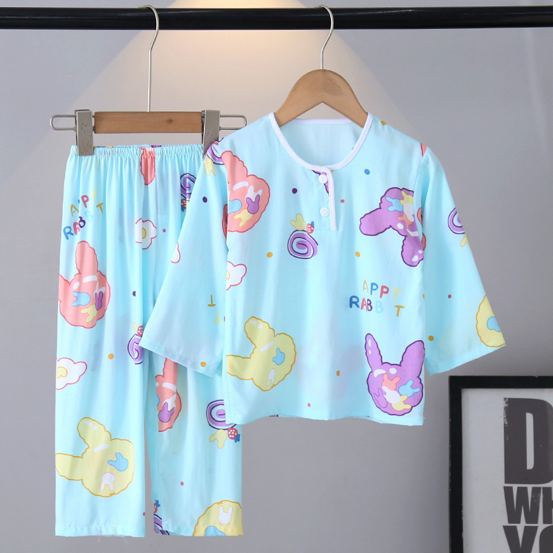 儿童棉绸睡衣夏季薄款长袖套装男童女童宝宝空调服绵绸家居服批发