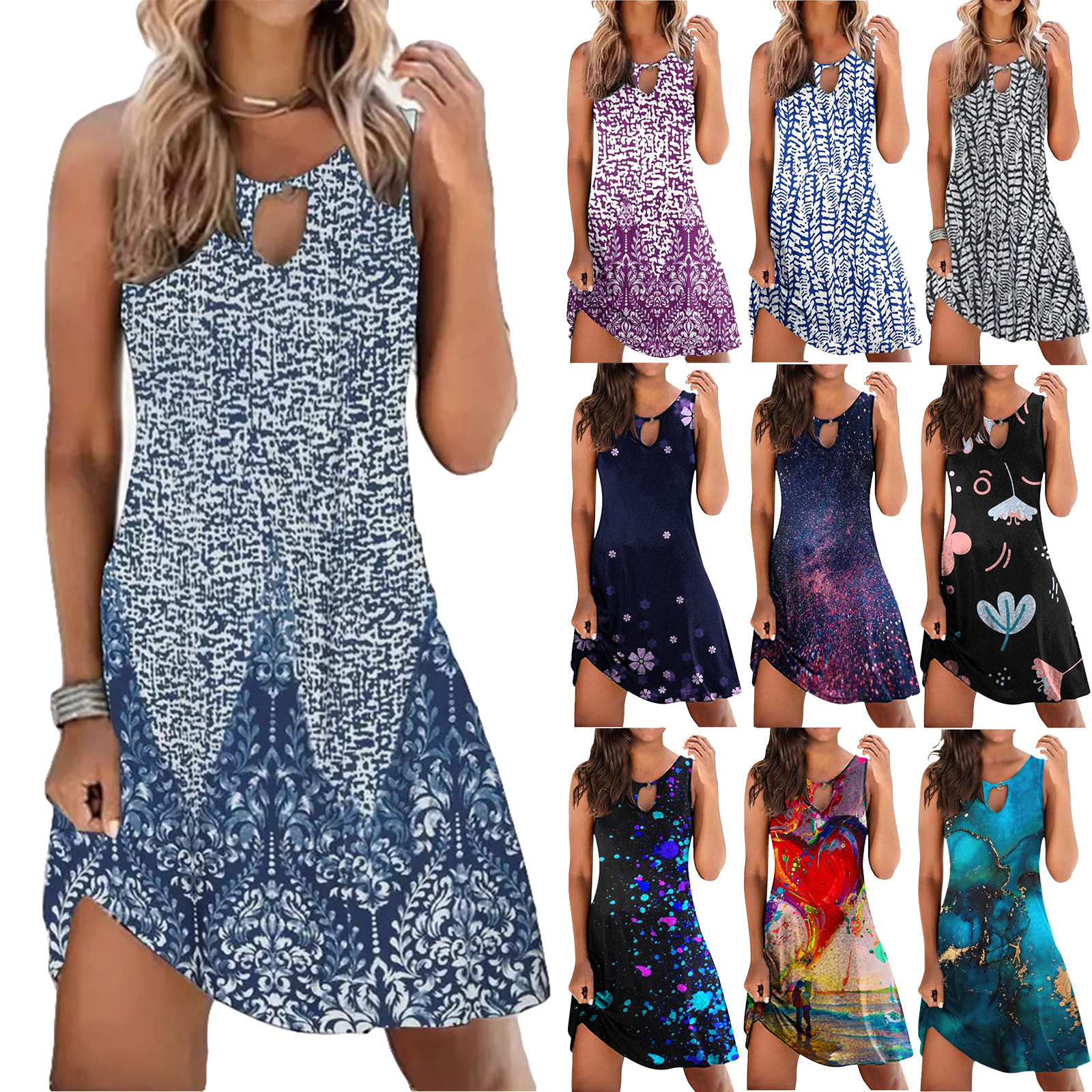 2022 European and American New Independent Station Hot Selling Bohemian round Neck Sleeveless Retro Printed Mini Beach Dress