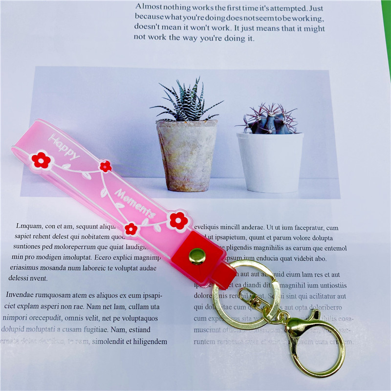 Pvc Soft Glue Transparent Candy Color Flower Happy Moments Keychain Lanyard Hand Rope Quicksand Bottle Small Pendant