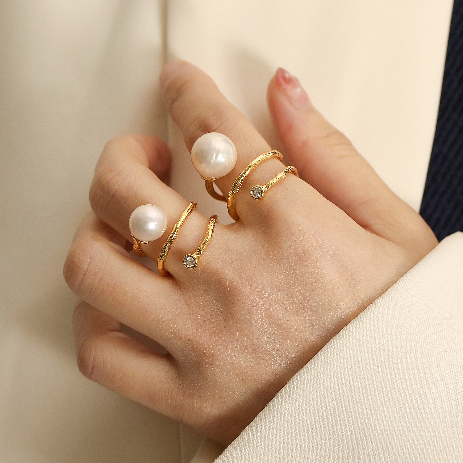 hyacinth网红个性气质珍珠食指戒韩国时尚简约超闪锆石开口戒指女