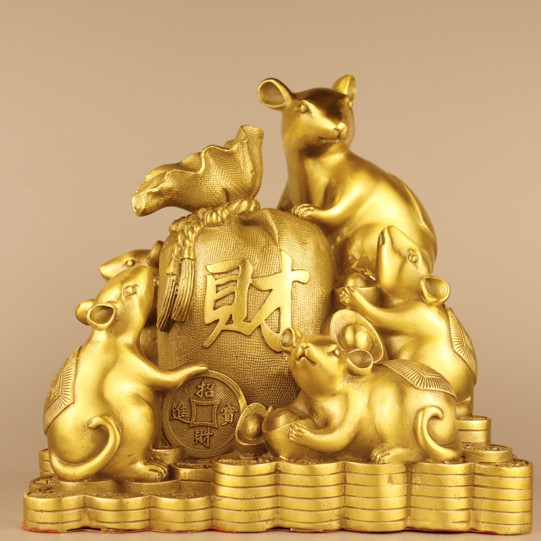 黄铜金袋鼠铜鼠背钱袋铜黄铜老鼠拉黄金袋五鼠运财家居工艺品摆件