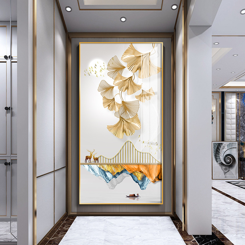 入户玄关装饰画客厅走廊尽头挂画过道背景墙招财大气晶瓷竖联壁画