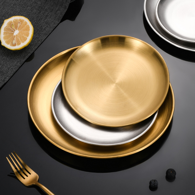 Korean Style Stainless Steel Barbecue Plate Thickened Golden, round Tray Western Food Fruit Pastry Food Plate Steak Plate Customization