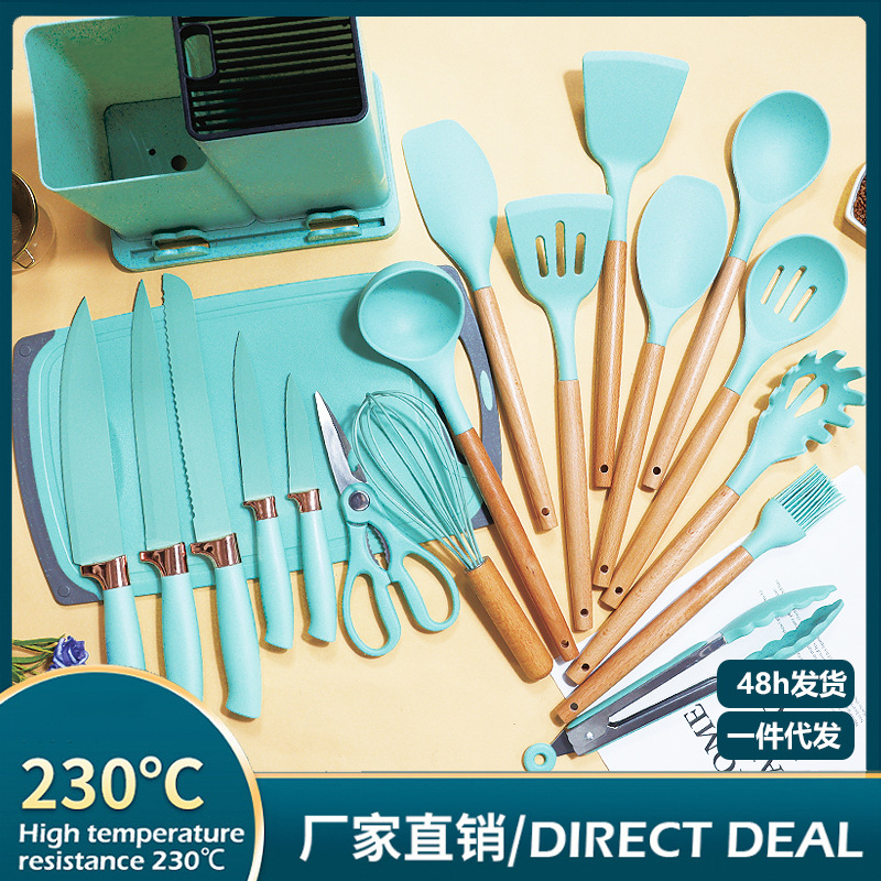 Silicone Spatula Soup Spoon 19-Piece Set Silicone Shovel Cutting Board Knives Food Grade Silicone Kitchenware Set in Stock Wholesale