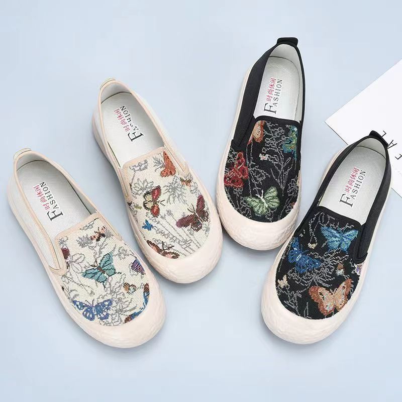 新中式女帆布鞋时尚百搭休闲厚底一脚蹬学生懒人鞋中国风单鞋女鞋