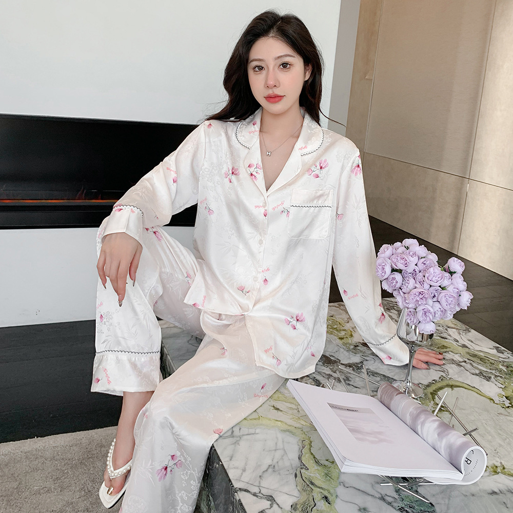 睡衣女2024新款春秋季冰丝长袖大码开衫套装高级感印花家居服夏季