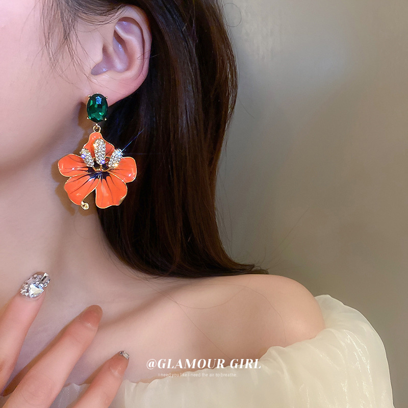 Silver Stud Rhinestone-Encrusted Oil-Spot Glaze Flowers Earrings European and American High Profile Fashion High-Grade Personalized Eardrops Light Luxury Temperament Earrings for Women