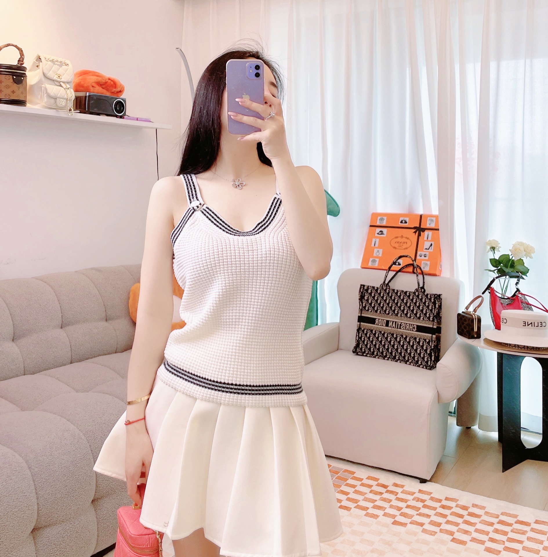 小香风无袖针织吊带衫条纹吊带背心上衣女短款露脐性感针织衫