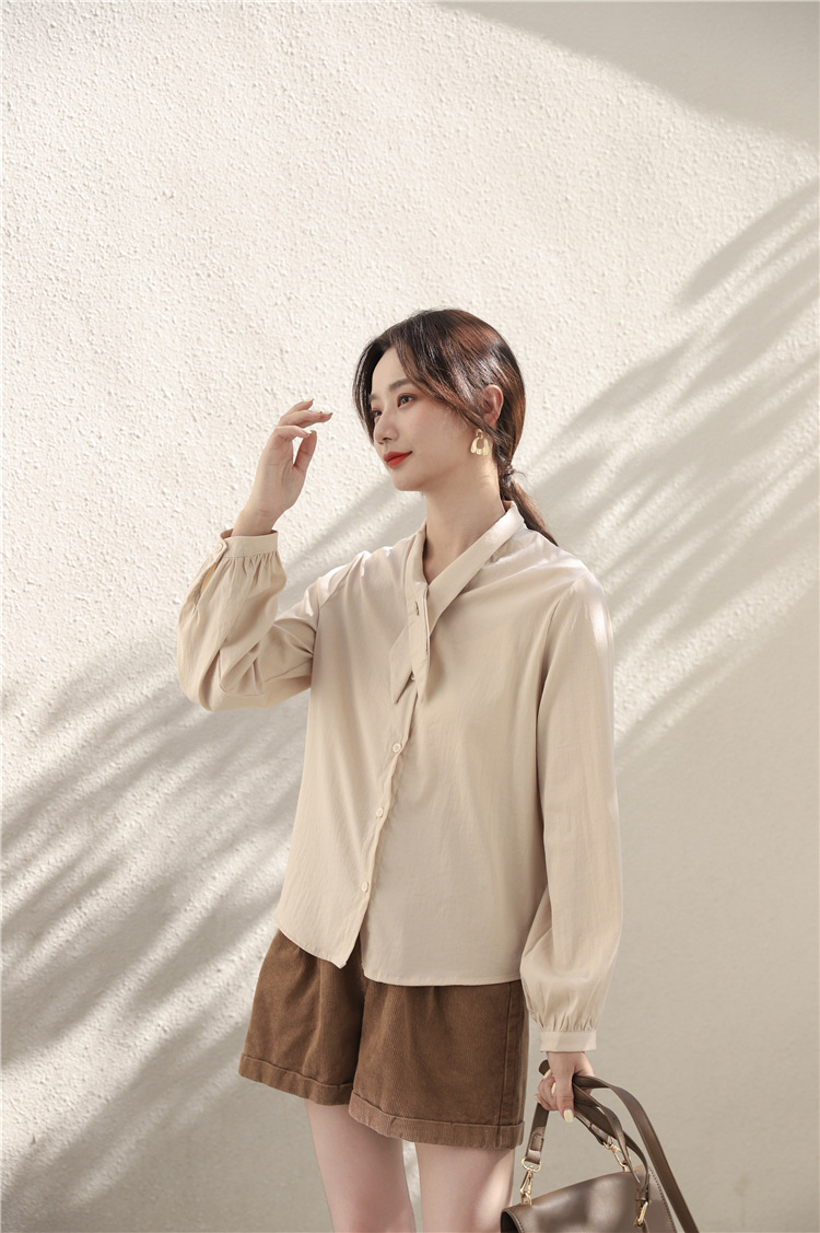2021春季新款韩版气质设计感领结纯色通勤宽松衬衣女长袖雪纺衬衫