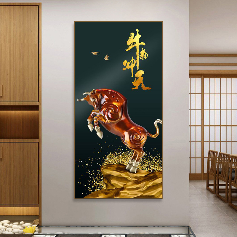 牛气冲天玄关挂画书房办公室装饰画过道走廊好寓意金牛转乾坤壁画
